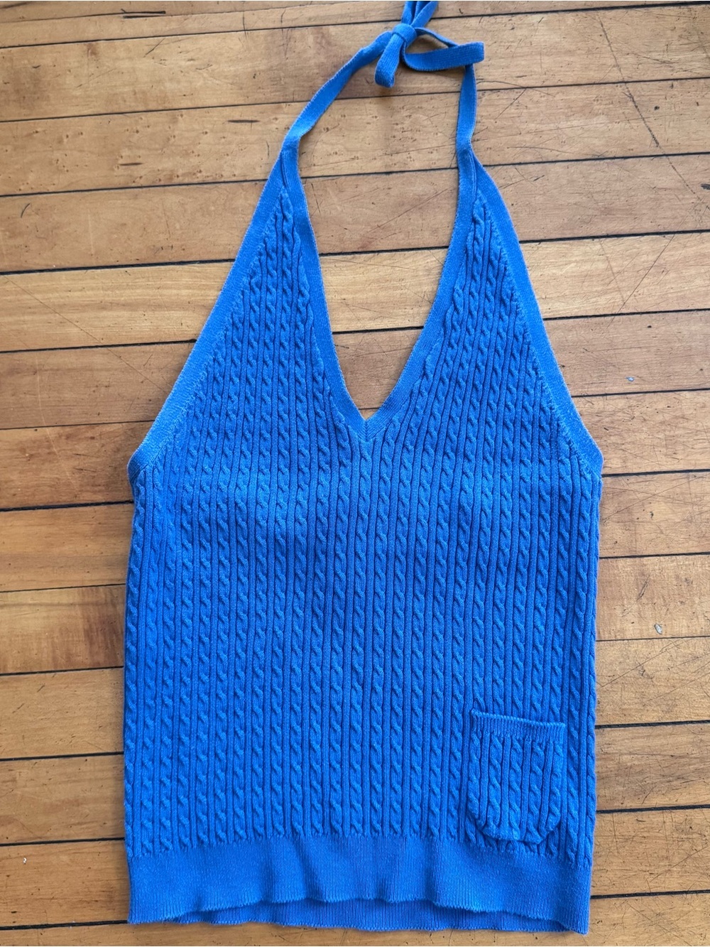 Vintage Ralph Lauren Halter Top blue cable knit pocket tie Y2K 90s